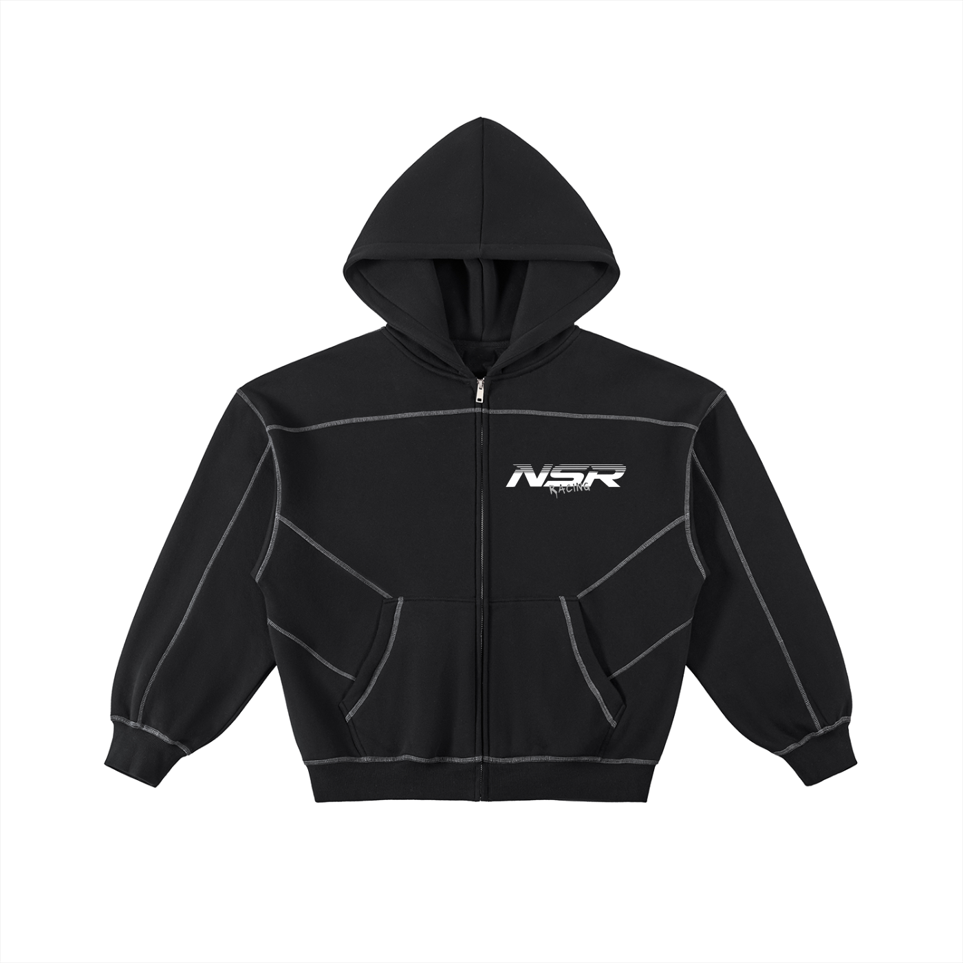 Contrast-Stitched Boxy Fleece Zip Hoodie